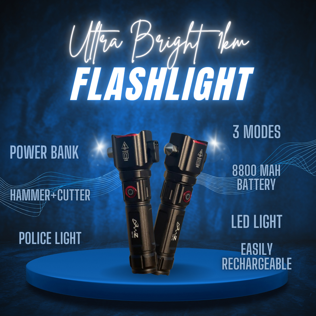 Ultra Bright 1KM LED Flashlight – 8800mAh Rechargeable Power Bank Torch with Emergency Hammer (8-in-1 Heavy Duty)